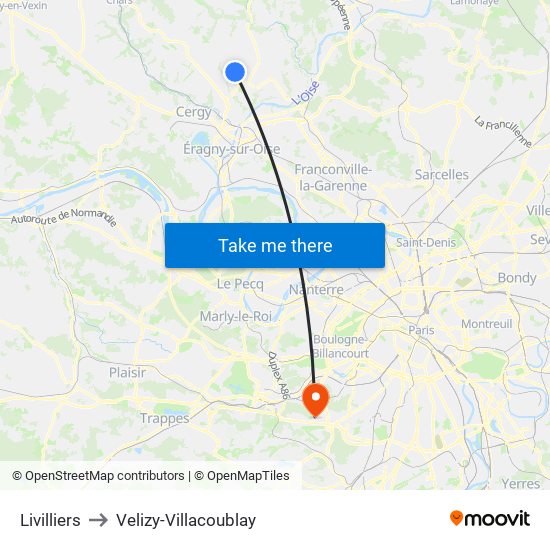 Livilliers to Velizy-Villacoublay map