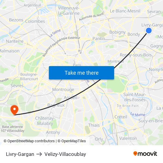 Livry-Gargan to Velizy-Villacoublay map