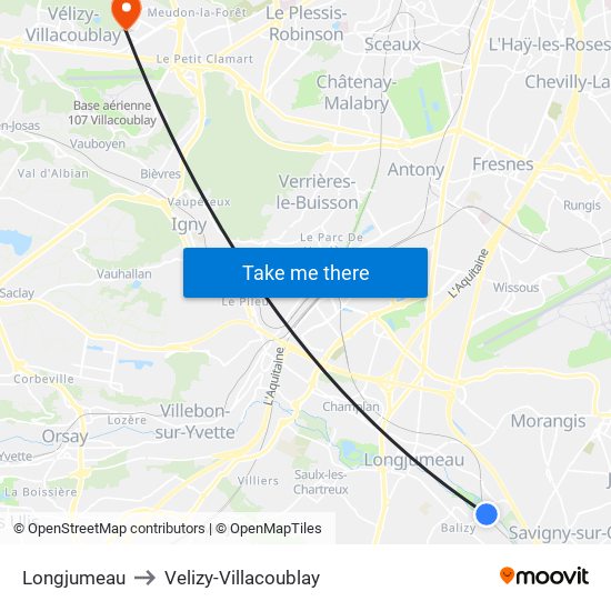 Longjumeau to Velizy-Villacoublay map