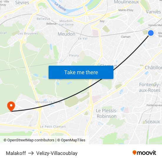 Malakoff to Velizy-Villacoublay map