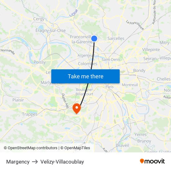 Margency to Velizy-Villacoublay map