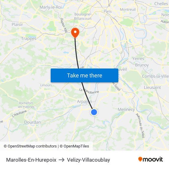 Marolles-En-Hurepoix to Velizy-Villacoublay map