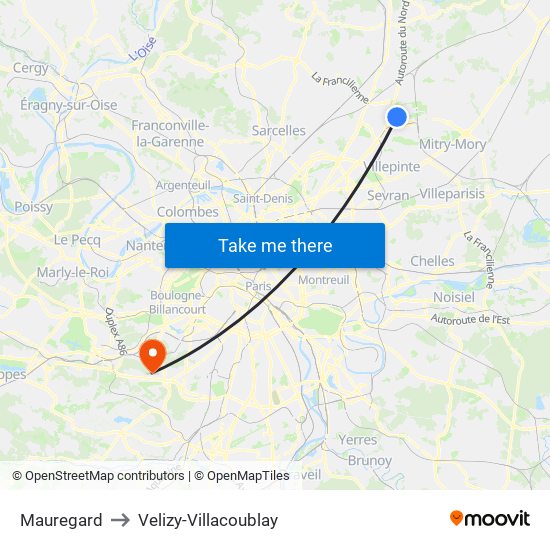 Mauregard to Velizy-Villacoublay map