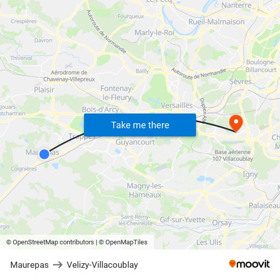 Maurepas to Velizy-Villacoublay map