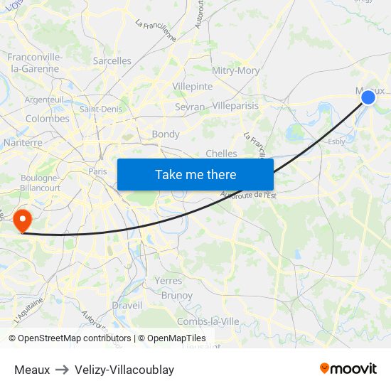 Meaux to Velizy-Villacoublay map