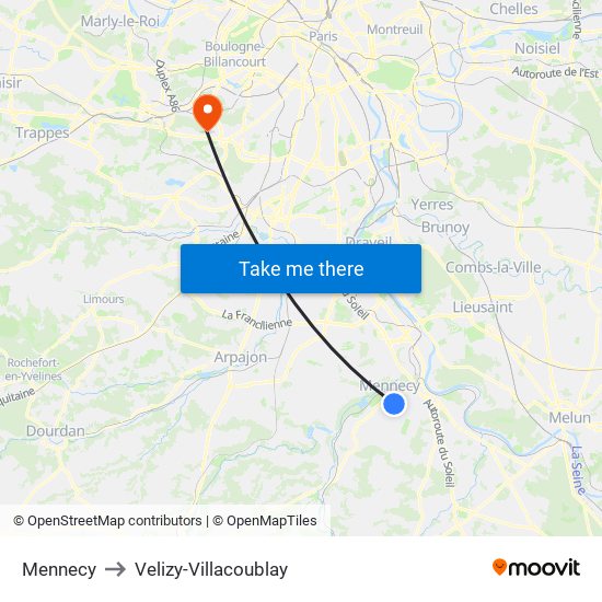 Mennecy to Velizy-Villacoublay map