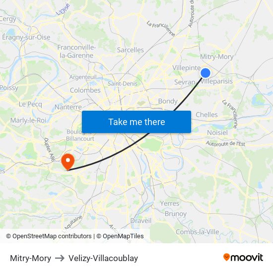 Mitry-Mory to Velizy-Villacoublay map