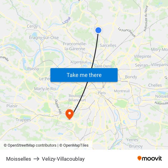Moisselles to Velizy-Villacoublay map