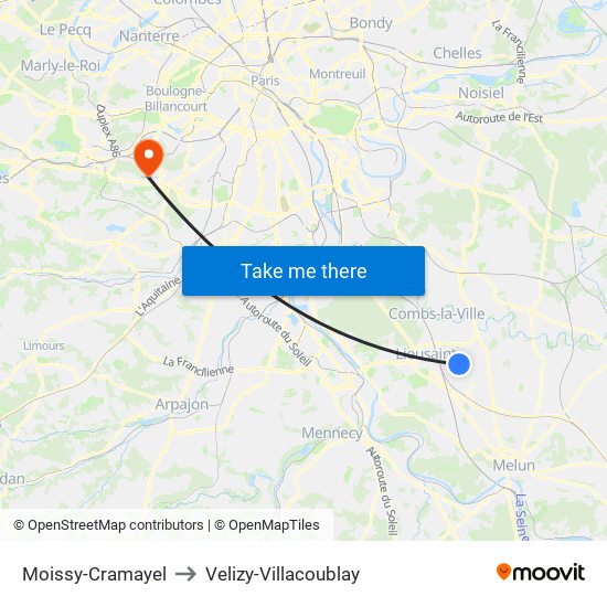 Moissy-Cramayel to Velizy-Villacoublay map