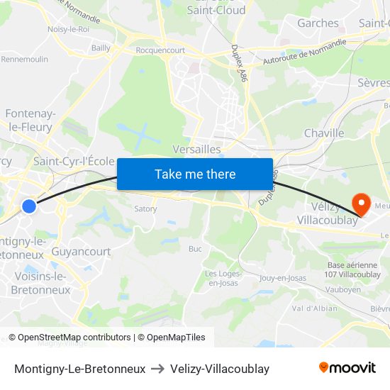 Montigny-Le-Bretonneux to Velizy-Villacoublay map