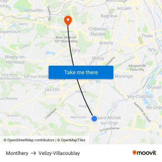 Montlhery to Velizy-Villacoublay map