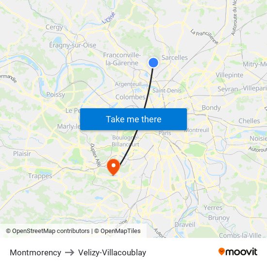 Montmorency to Velizy-Villacoublay map