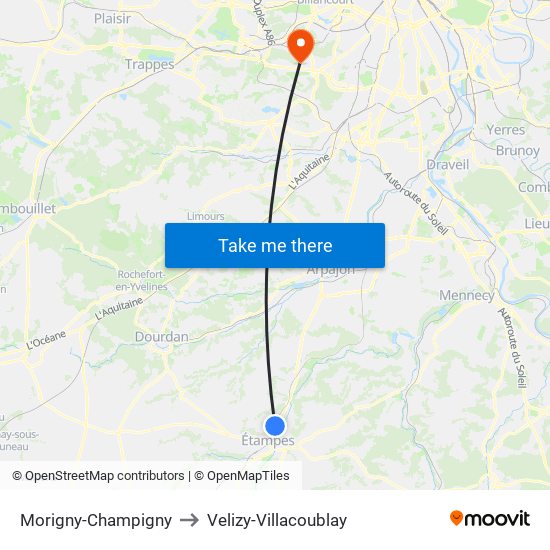 Morigny-Champigny to Velizy-Villacoublay map
