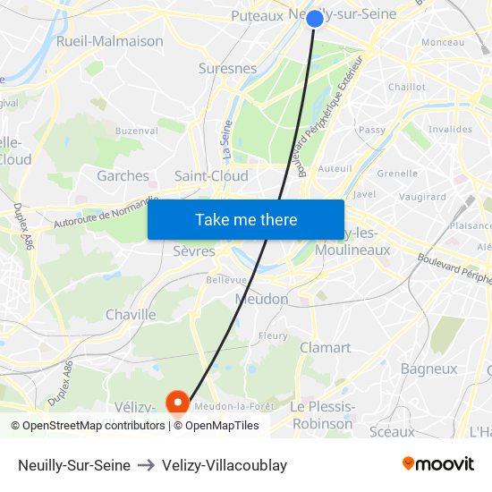 Neuilly-Sur-Seine to Velizy-Villacoublay map