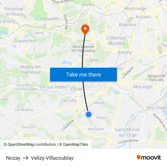 Nozay to Velizy-Villacoublay map