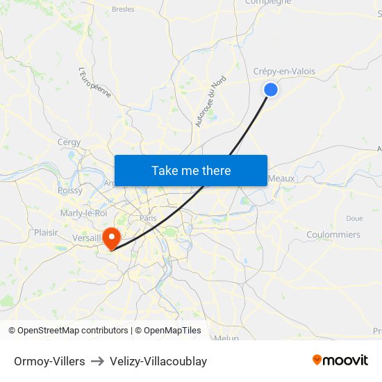 Ormoy-Villers to Velizy-Villacoublay map