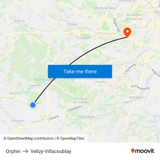 Orphin to Velizy-Villacoublay map