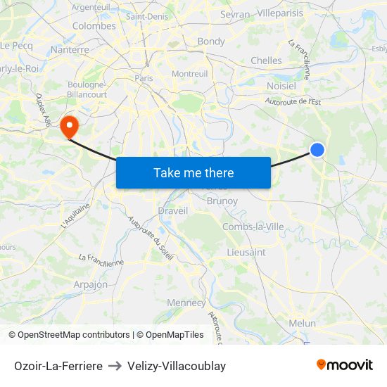 Ozoir-La-Ferriere to Velizy-Villacoublay map