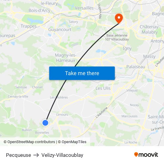 Pecqueuse to Velizy-Villacoublay map