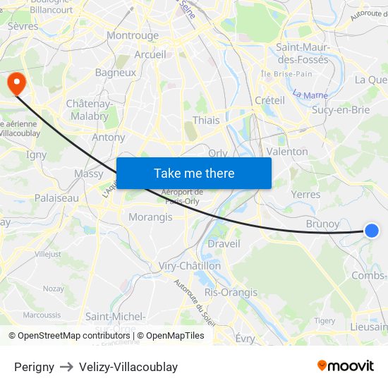 Perigny to Velizy-Villacoublay map