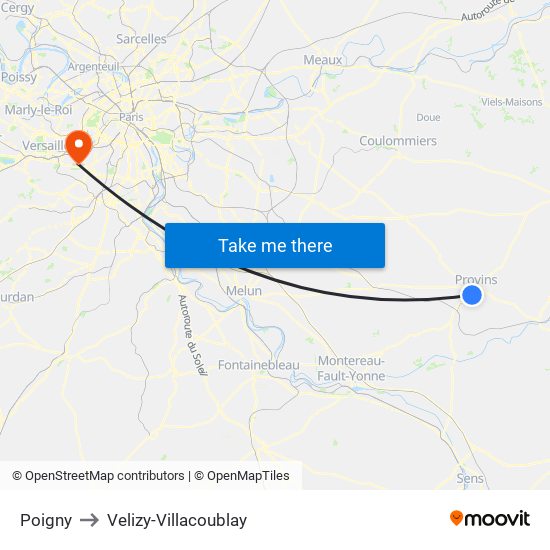 Poigny to Velizy-Villacoublay map