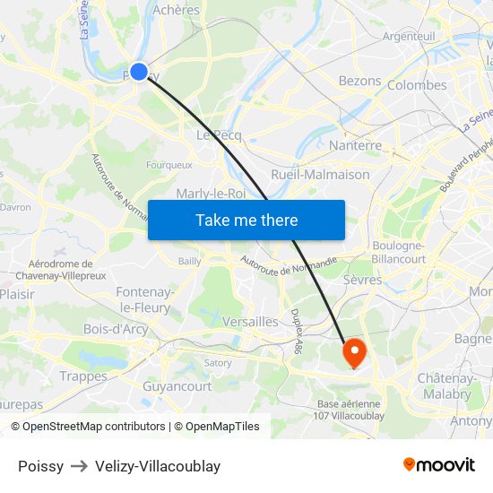 Poissy to Velizy-Villacoublay map