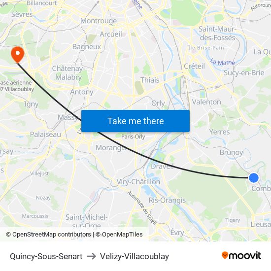 Quincy-Sous-Senart to Velizy-Villacoublay map