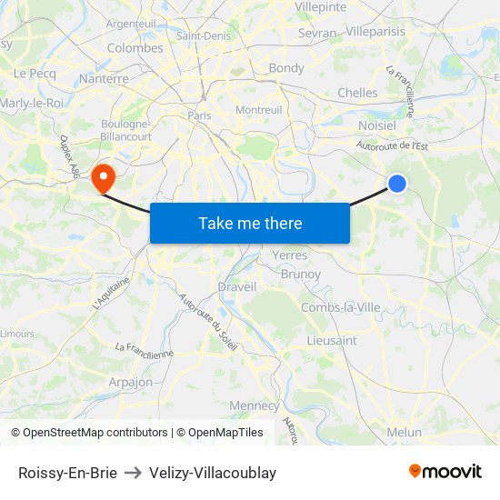 Roissy-En-Brie to Velizy-Villacoublay map