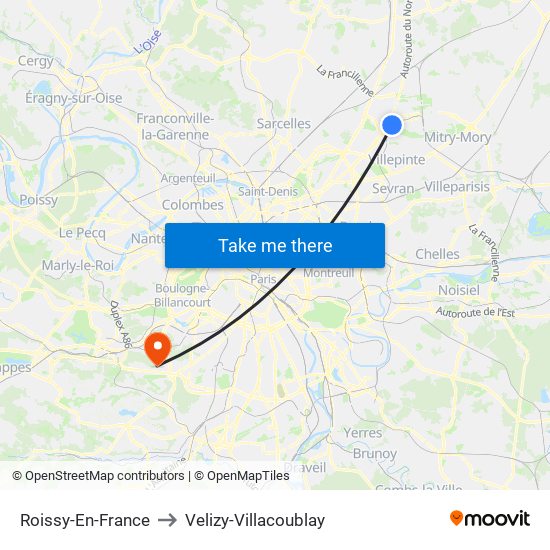 Roissy-En-France to Velizy-Villacoublay map
