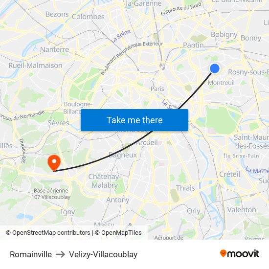 Romainville to Velizy-Villacoublay map