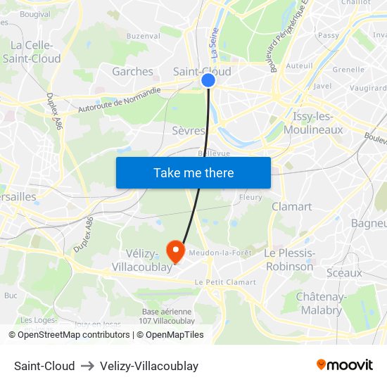 Saint-Cloud to Velizy-Villacoublay map