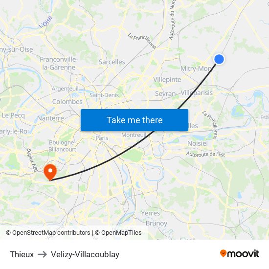 Thieux to Velizy-Villacoublay map