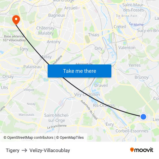 Tigery to Velizy-Villacoublay map