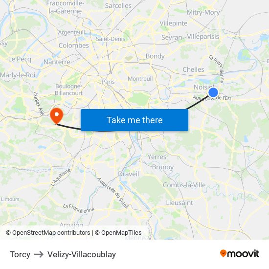 Torcy to Velizy-Villacoublay map