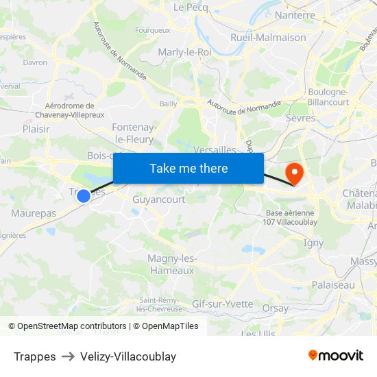 Trappes to Velizy-Villacoublay map