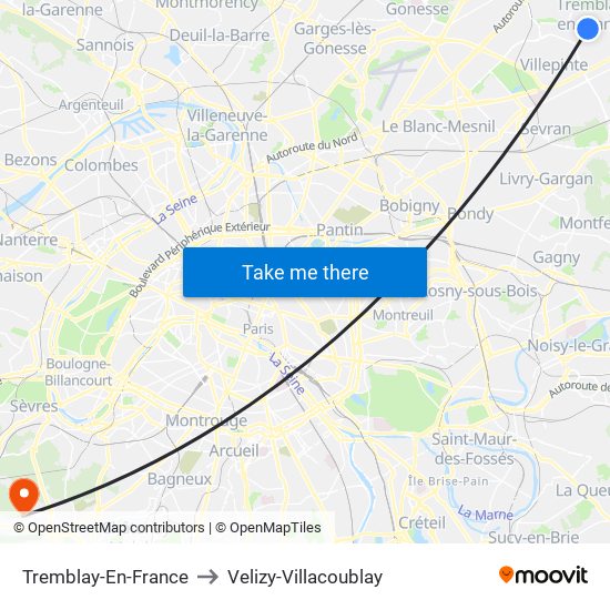 Tremblay-En-France to Velizy-Villacoublay map