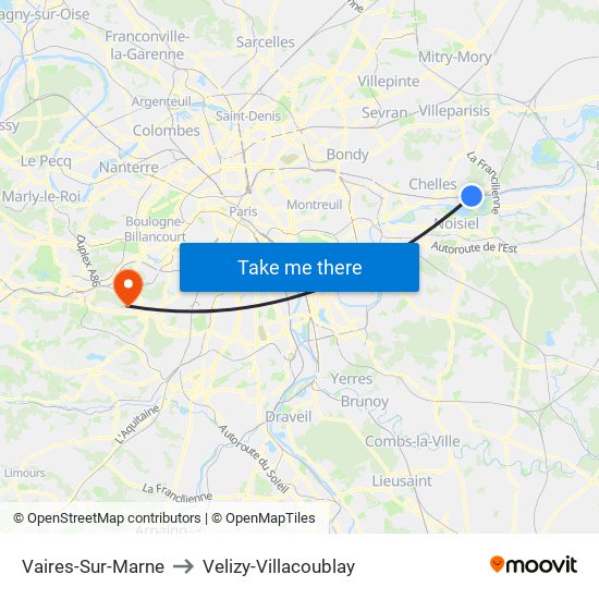 Vaires-Sur-Marne to Velizy-Villacoublay map