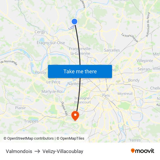 Valmondois to Velizy-Villacoublay map