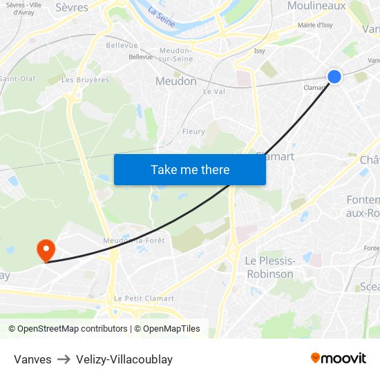 Vanves to Velizy-Villacoublay map