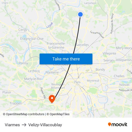 Viarmes to Velizy-Villacoublay map