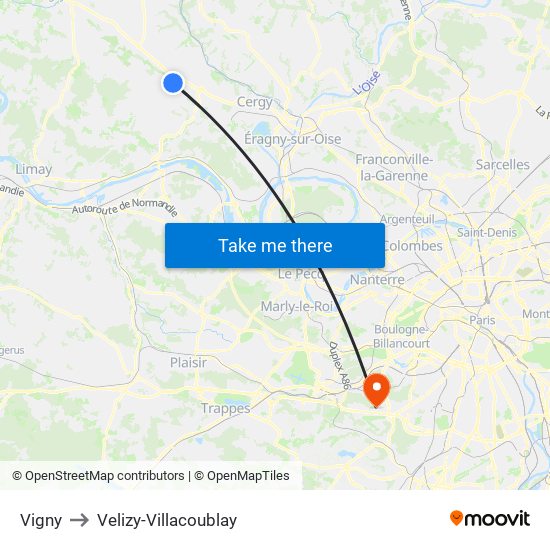 Vigny to Velizy-Villacoublay map