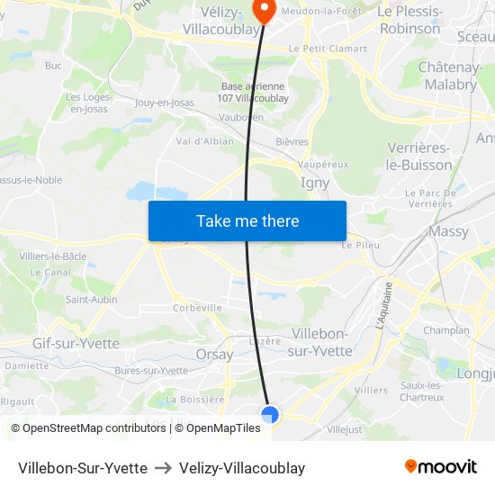 Villebon-Sur-Yvette to Velizy-Villacoublay map