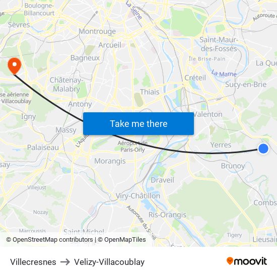 Villecresnes to Velizy-Villacoublay map