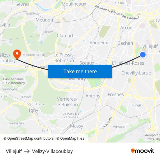 Villejuif to Velizy-Villacoublay map