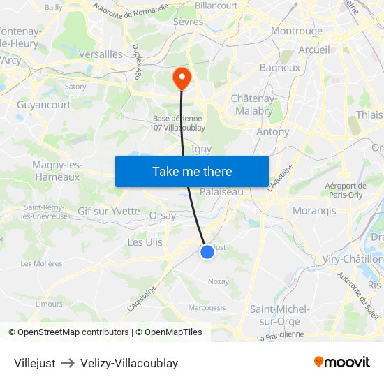 Villejust to Velizy-Villacoublay map