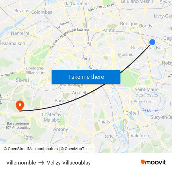 Villemomble to Velizy-Villacoublay map