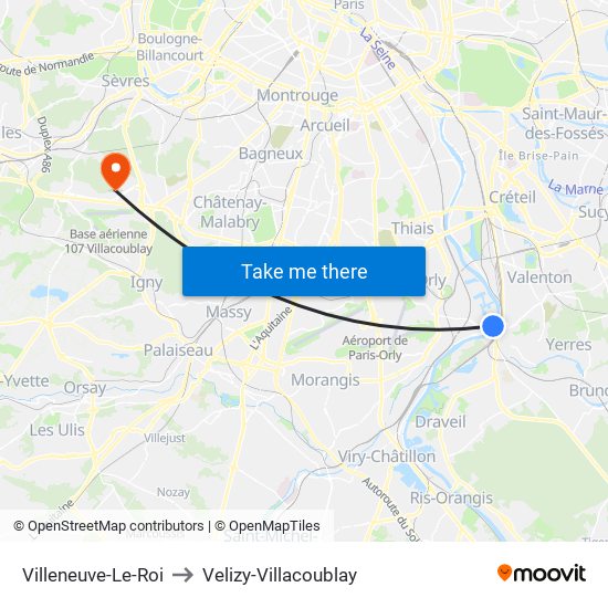 Villeneuve-Le-Roi to Velizy-Villacoublay map