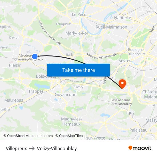 Villepreux to Velizy-Villacoublay map