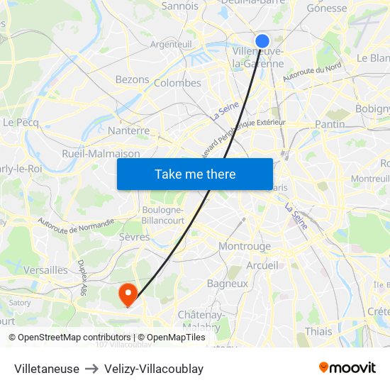 Villetaneuse to Velizy-Villacoublay map