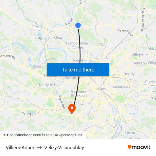 Villiers-Adam to Velizy-Villacoublay map